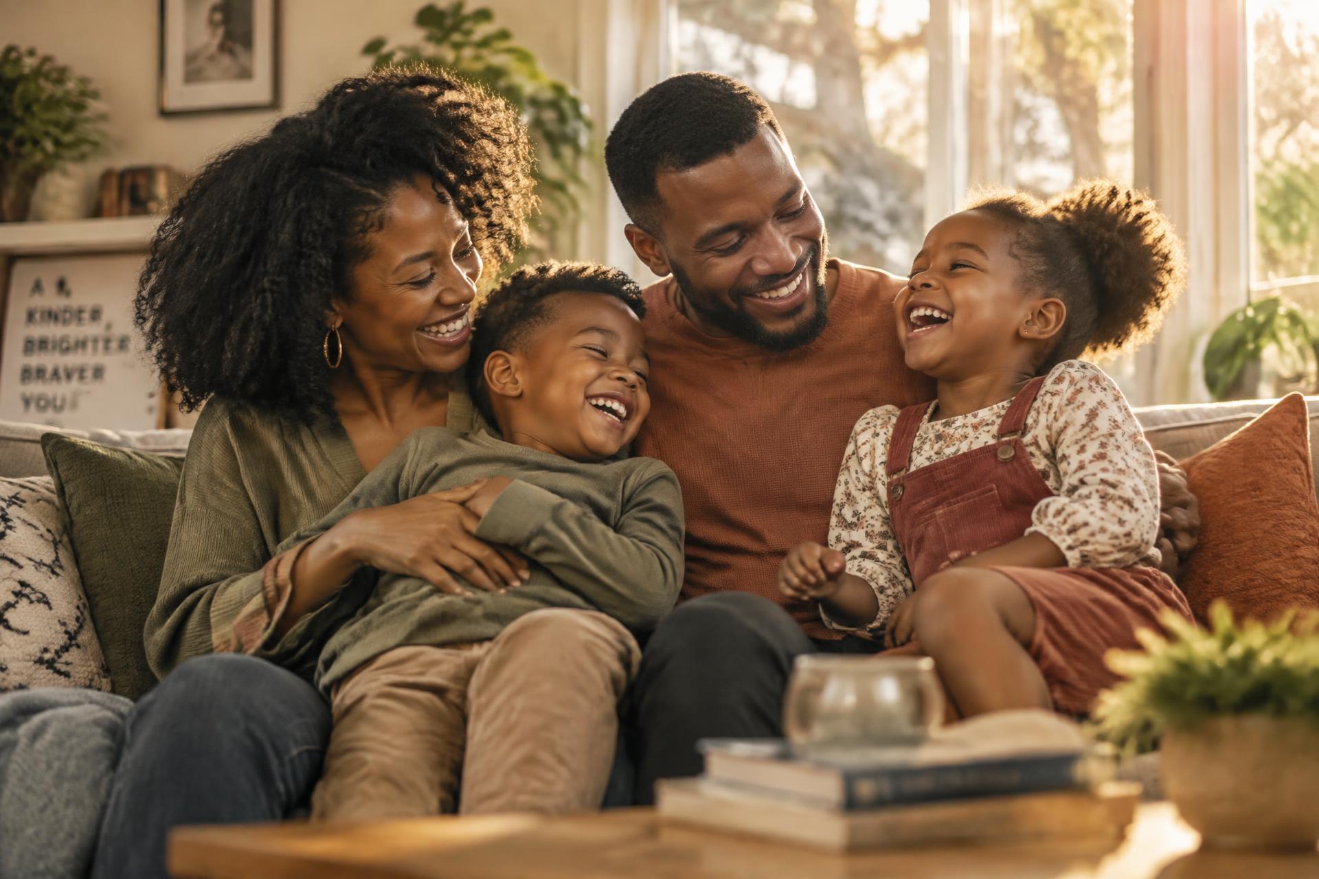 A Black family laughing together on the couch in warm afternoon light